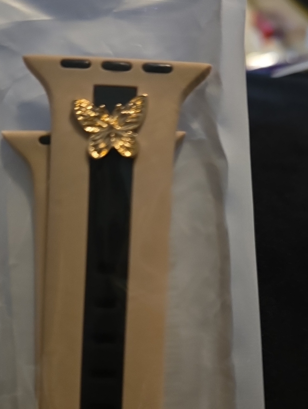 Apple Beige and Black Silicone Watch Band with Gold Butterfly Charm - Picture 3 of 3